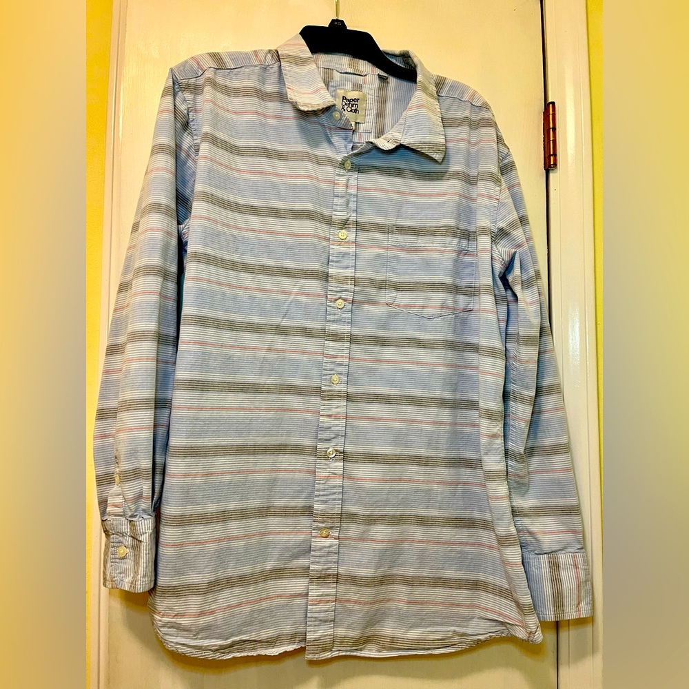 Paper Denim& Cloth Men Stripe Button 100% Cotton long sleeve shirt Blue Size XL